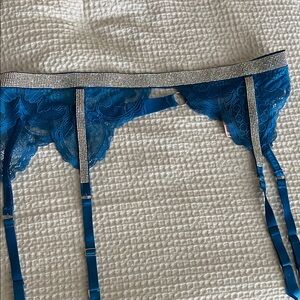 Victoria's Secret Teal Lace Garter Belt with Rhinestone Trim